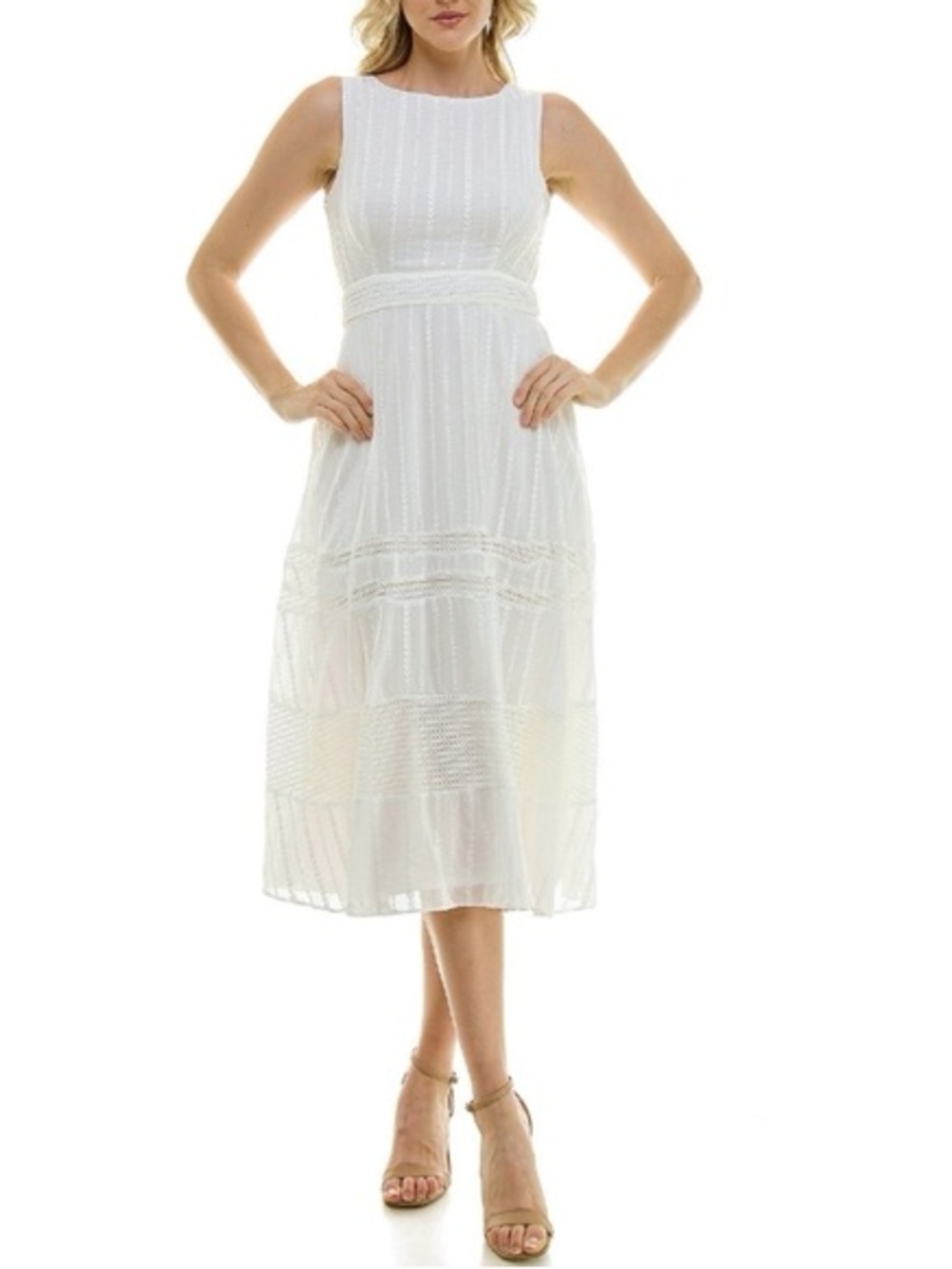 Taylor Sleeveless White Midi Dress with Lace Trim